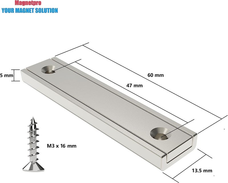 Magnetpro Neodymium Rectangular Magnets 70 LB Force 60 x 13.5 x 5 mm with Countersunk Hole and Steel Capsule, Strong Household and Industrial Rare Earth Magnet with Screws Pack of 16 - Image 3